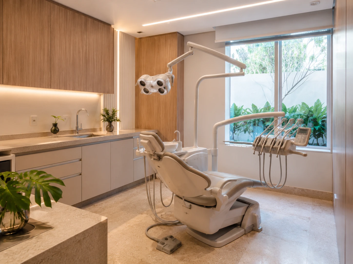 Sala clínica da Vellaro com cadeira odontológica, bancada clara e janela para o jardim