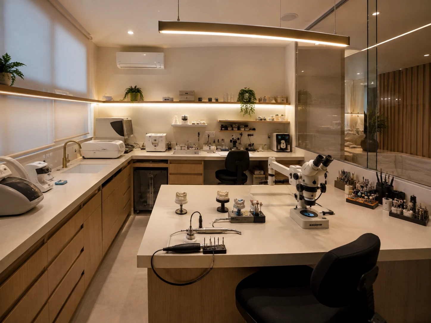 Laboratório de prótese da clínica, com microscópio, modelos e bancada de trabalho