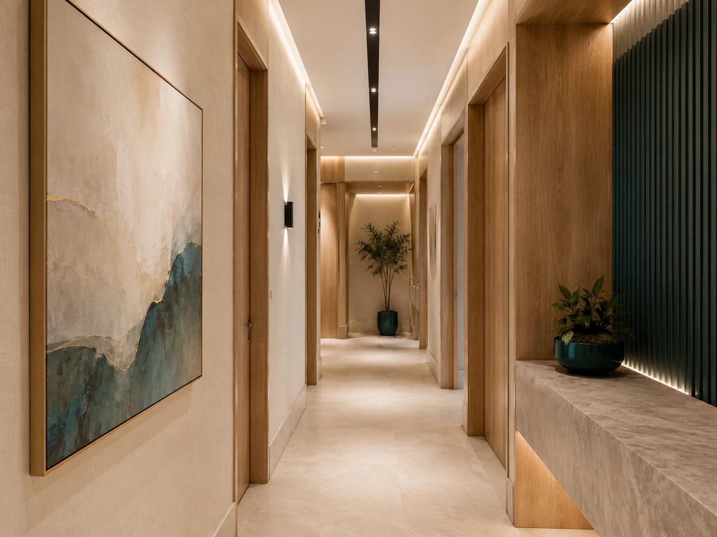 Corredor interno da clínica Vellaro, com iluminação indireta e revestimento em madeira clara
