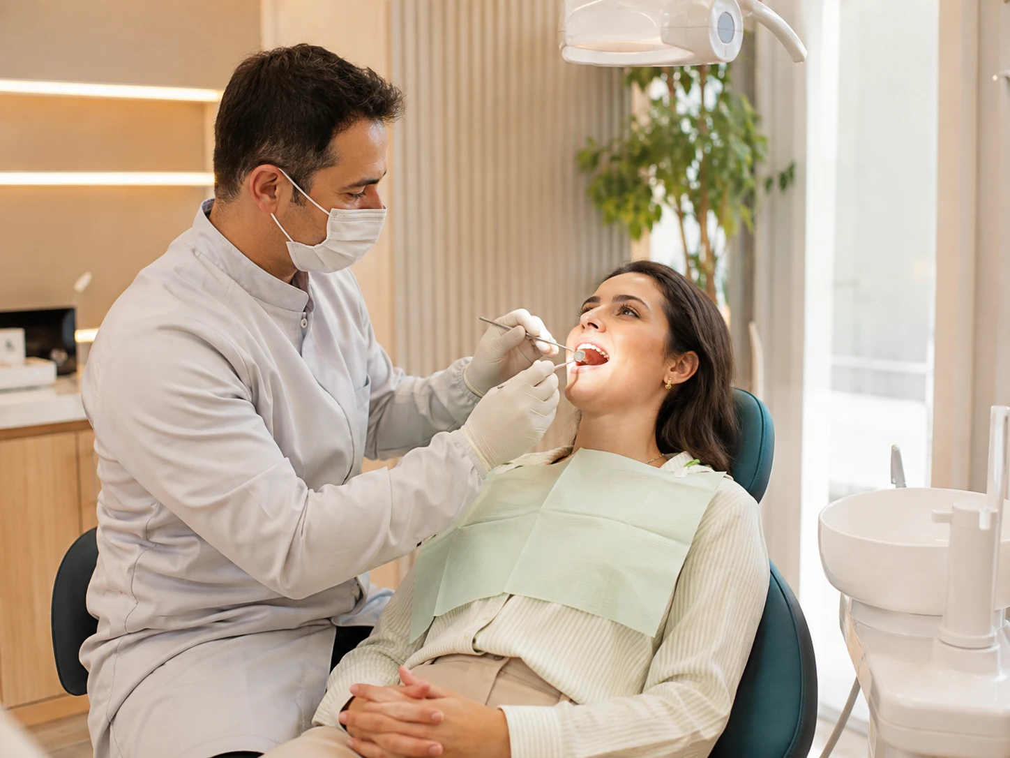 Dentista realizando exame clínico de rotina em uma paciente na cadeira odontológica