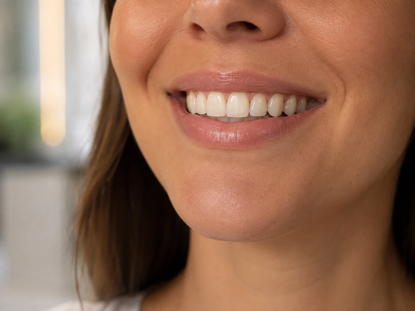 Close de sorriso após tratamento com lentes de contato dental